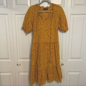 Mustard Eyelet Puff Sleeve midi Dress